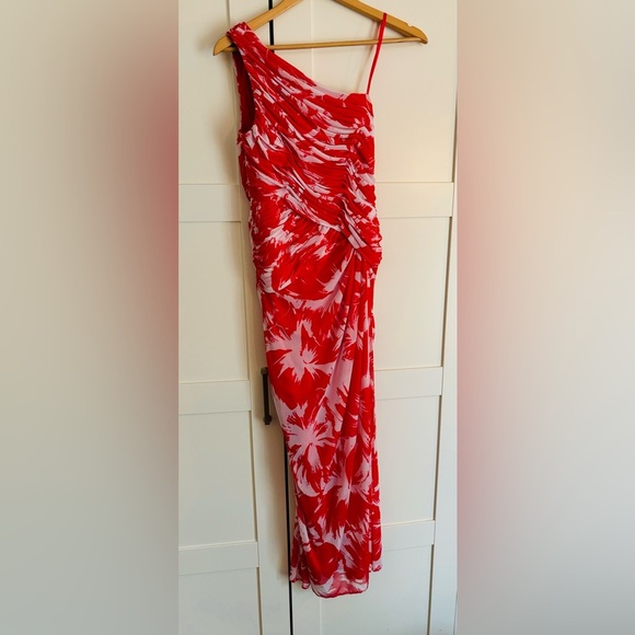 Adrianna Papell Red Floral One Shoulder Maxi Dress Ruffle Size 4P Wedding Spring - Picture 2 of 6